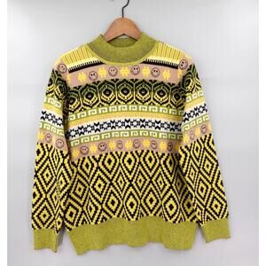 LOGO Lori Goldstein Smiley World Sweater Medium Yellow Fair Isle Christmas